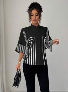 Elenzga Stand Collar Digital Printed Geometric Lines Pattern, Asymmetrical Sleeve French Elegant Blouse, Suitable For Spring/Summer Vacation - Black - View 5