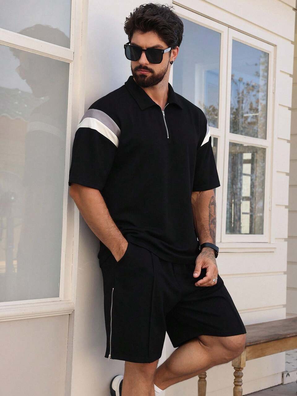 Men's Contrast Color Patchwork Polo Shirt Set, Summer Quarter Zip Men