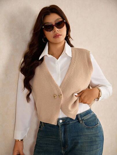 Elaquor Chaleco elegante de botones de metal francés de talla grande, suéter holgado y casual de punto elegante para mujeres