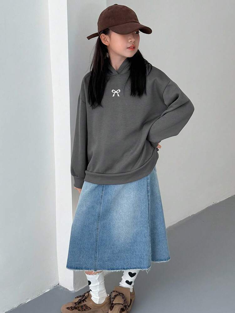 Tween Girls Hooded Knit Thermal Lined Sweatshirt With Bow Print, Autumn