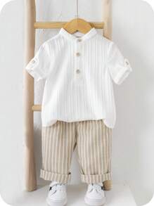 SHEIN 2pcs Babyboy Cute Casual College Style Grey Collared Shirt And Striped Elastic Waist Pants Set, Suitable For Birthday Party, Evening Party, Wedding, Baby Shower, Christening And 1st Birthday Celebration