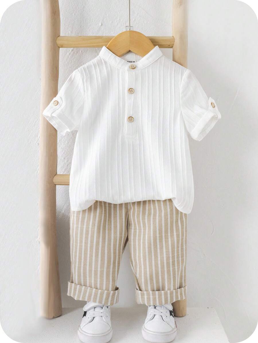 SHEIN 2pcs Babyboy Cute Casual College Style Grey Collared Shirt And Striped Elastic Waist Pants Set, Suitable For Birthday Party, Evening Party, Wedding, Baby Shower, Christening And 1st Birthday Celebration