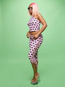 SUMWON WOMEN Leggings capri con cordones laterales de estilo retro, cintura alta con estampado de lunares, ajuste ceñido, ropa de calle, ropa de fiesta, pantalones de fiesta, ropa de noche, moda de declaración