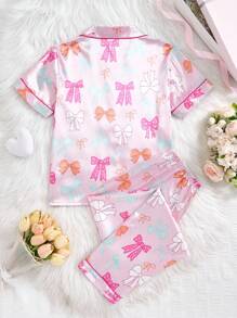 2pcs Girls' Butterfly Print Short Sleeve Pants Cute Pajama Set, Spring/Summer - Pink - View 2