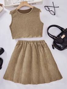 Girls Casual Top With Woven Hem And Skirt, Summer - Brown - View 2
