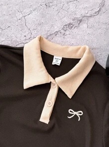 少女棕色和杏色休闲个性化撞色领罗纹针织纽扣紧身连衣裙，夏季连衣裙，蝴蝶刺绣棕色连衣裙少女连衣裙罗纹连衣裙 Polo 衫 - 棕色 - 查看 3