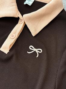 少女棕色和杏色休闲个性化撞色领罗纹针织纽扣紧身连衣裙，夏季连衣裙，蝴蝶刺绣棕色连衣裙少女连衣裙罗纹连衣裙 Polo 衫 - 棕色 - 查看 5