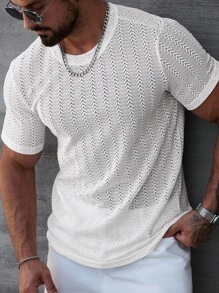Manfinity Homme Men's Solid Color Crew Neck Short Sleeve T-Shirt, Minimalist & Fashionable, Suitable For Summer, Men Mesh Top Men T Shirts Casual Tops Mesh Men - White - View 4