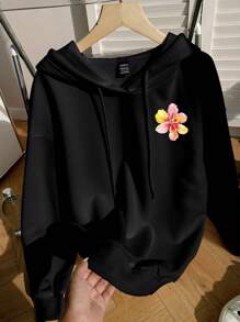 SHEIN EZwear 休闲简约热带水果印花连帽宽松厚款卫衣，适合春秋冬女士 - 黑色 - 查看 6