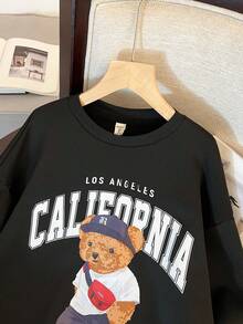 Teen Girls' Black Bear & Letter Graphic Loose Fit Crew Neck Sweatshirt Pullover - Black - View 4