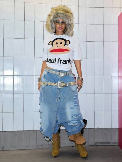 Paul Frank X ROMWE Camiseta de mujer de talla grande con estampado de logo y animal, de moda callejera