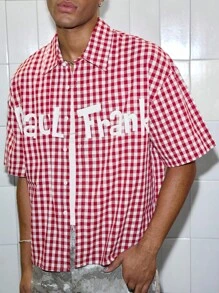 ROMWE MEN Paul Frank X ROMWE Men's Letter & Cartoon Pattern Plaid Short Sleeve Shirt - Red - View 4