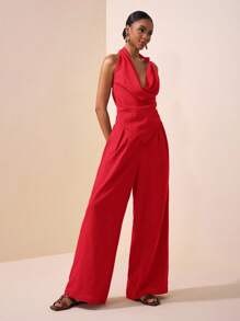 Zivah 2025 春夏新款音乐节、复活节、圣帕特里克节、西部风、游牧风、生日派对、毕业典礼、学院风、学生装、日常休闲、百搭百搭、休闲、邮轮旅行、海滩、日光浴、病毒式传播、街头服饰、婚礼嘉宾波西米亚风、通勤、早午餐、机场装 - 棕色纹理面料不对称结饰设计尖头上衣、喇叭领上衣和阔腿裤套装 - 紅色 - 查看 3