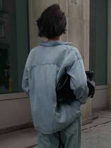 DAZY Women's Distressed Loose Denim Shirt Long Sleeve Top - Blue - View 3