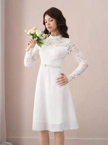 Pitira Pitira 少女白色透明蕾丝边雪纺下摆中长连衣裙，适合节日、派对、优雅、婚礼、返校、毕业 - 白色 - 查看 5