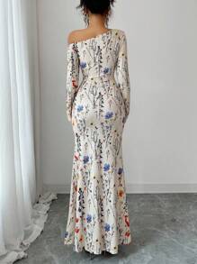 Elenzga Standard Size Women's Elegant Floral Print Asymmetrical Shoulder Dress Fall Cloth For Women - Apricot - View 2