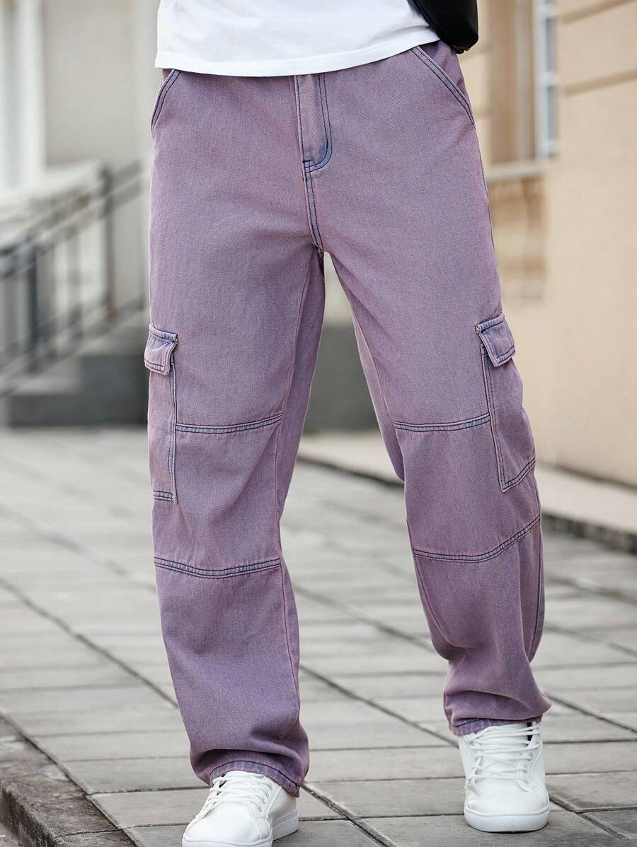 Manfinity Homme Loose Fit Men's Cotton Cargo Jeans With Flap Pockets Men Purple Jeans - Purple - View 1