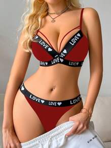 SHEIN 女士撞色心形字母针织文胸套装 - 紅色 - 查看 5