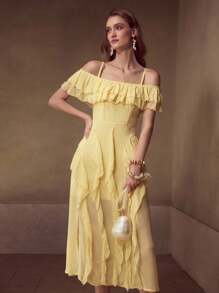 MOTF Soiréza VESTIDO LARGO PARA MUJER DE UN SOLO COLOR CON HOMBRO DESCUBIERTO, VOLANTES SUPERPUESTOS Y ABERTURA EN EL MUSLO - Multicolor - Ver 1