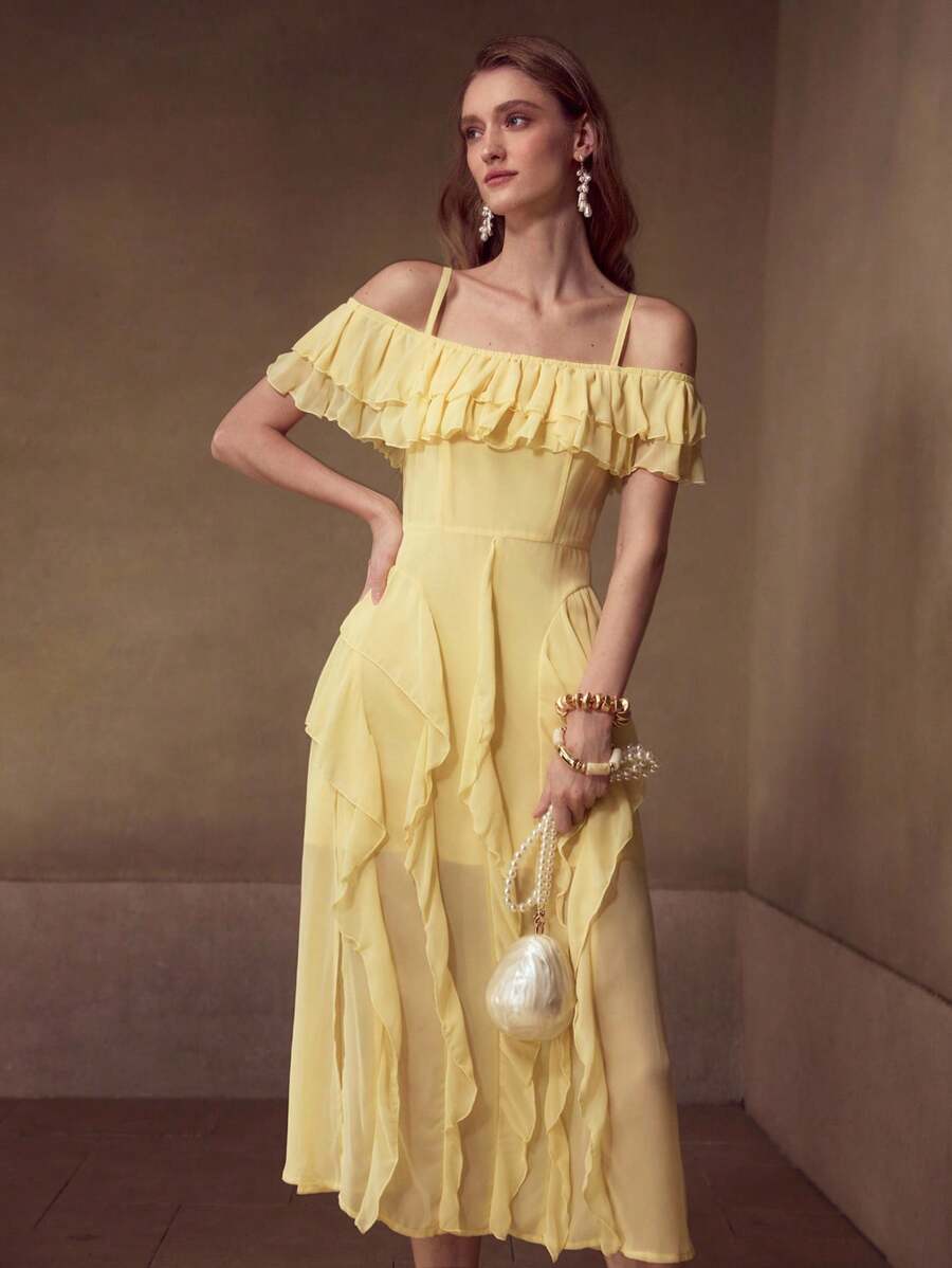 MOTF Soiréza VESTIDO LARGO PARA MUJER DE UN SOLO COLOR CON HOMBRO DESCUBIERTO, VOLANTES SUPERPUESTOS Y ABERTURA EN EL MUSLO - Multicolor - Ver 1