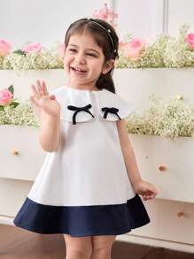 SHEIN Babygirl Elegant & Cute Color Block Bowknot Collar Loose Dress - White - View 3