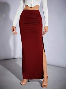 SHEIN Tall 褶饰开叉大腿派对女式黑色半身裙