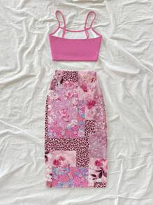 Soleia Ensemble 2 pièces pour femmes, comprenant un débardeur casual unicolore et une mini-jupe imprimée à fleurs et léopard, pour les vacances