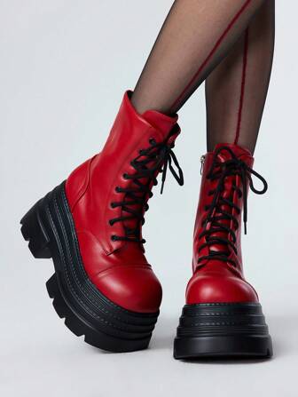 Grunge Punk Women's Multi-Layer Platform Round Toe Dark Punk PU Black Mid-Calf Boots, Suitable For Daily, Street, Punk, Campus Wear