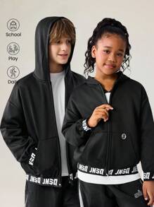 JNSQ Back To School Clothes, Tween Girl And Boy Outdoor Casual Hooded Sweatshirt Jacket, 3M Reflective Letter Print Elastic Hem Hooded Sweatshirt Outerwear, Suitable For Autumn, Winter Daily Wear, Outdoor Activities, Vacation, Streetwear, Party And Leisure - Black - View 1