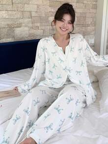 Dazy Plus Bowknot Floral Print Loose Long Sleeve Top & Pants Pajama Set, Casual Sleepwear For Women Plus Size, Fall Clothes - White - View 3