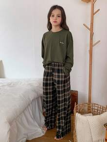 Hapijoa 青少年女孩圆领长袖宽松休闲上衣和裤子睡衣套装 - 軍綠色 - 查看 7