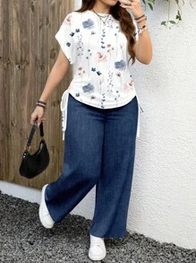 EMERY ROSE 2件套休闲花卉印花套装，蓝色和粉色，加大码，适合夏季 - 彩色 - 查看 1