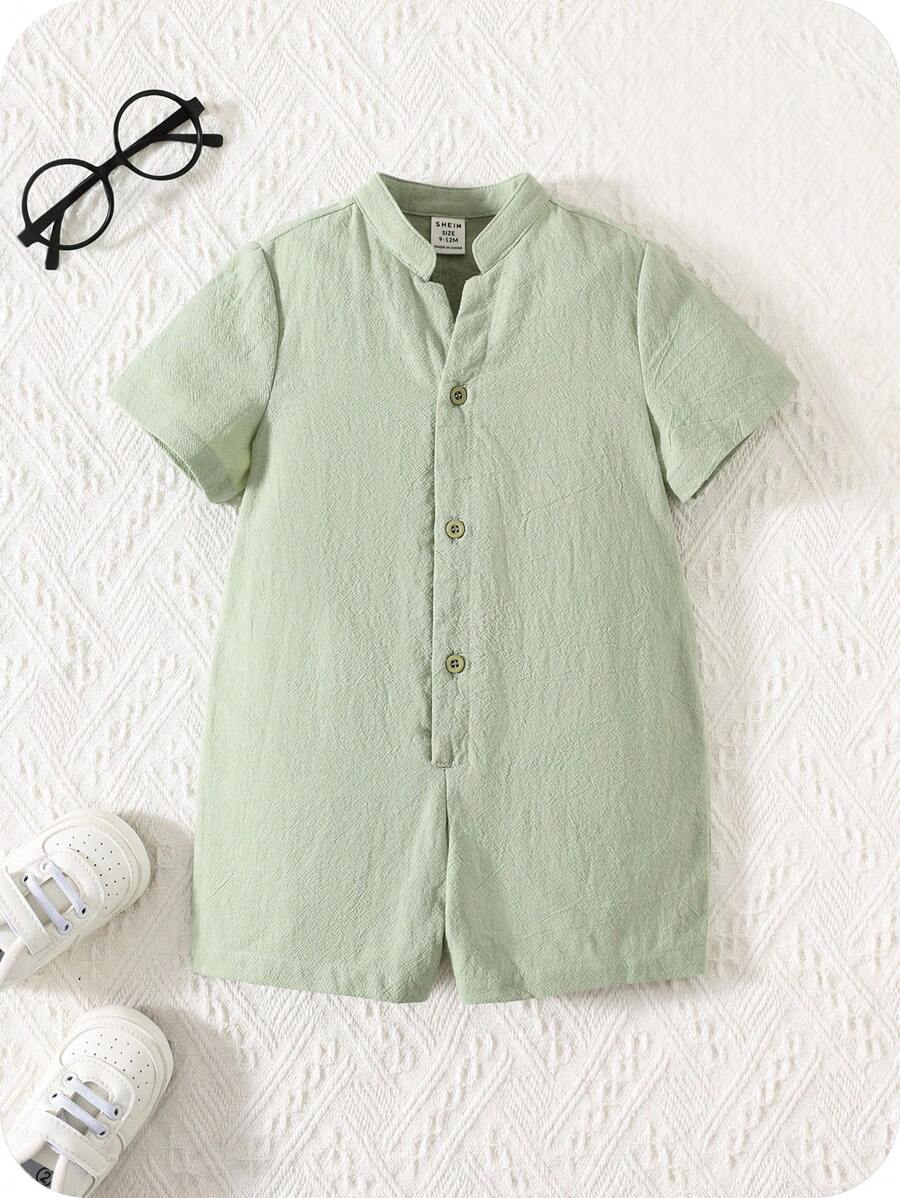 SHEIN Baby/Toddler Cute Cartoon Short Sleeve Romper With Stand Collar, Suitable For Spring And Summer - Green - View 1