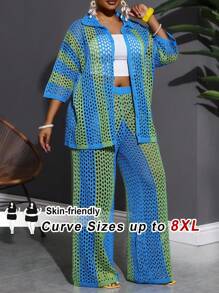 SHEIN CURVE+ New Fashion Vacation Casual Hollow Out Collarless Long Sleeve Cardigan + Wide Leg Pants Blue-Green Striped 2 Pieces Knit Sweater Set, Plus Sizefall Clothes For Women,Winter,CURVE PLUS Autumn - Multicolor - View 1