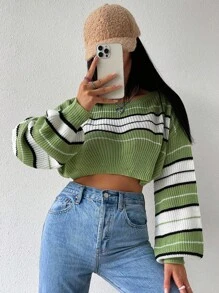 Chiquease Women's Casual Fashion Street Colorblock Striped Pattern Drop Shoulder Loose Cropped Pullover Sweater, Autumn Knit Pullover Fall Winter - Green - View 5