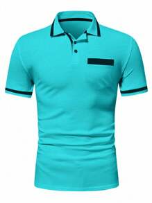 Calvornis Men's Casual Contrast Color Cuff Button Half-Placket Polo Shirt Teal Shirts For Men Turquoise Clothes Men Men Polo Shirts Golf Shirt For Men Zipper Polo Shirt - Peacock Blue - View 3