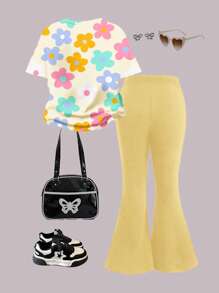 SHEIN 2 件套年轻女孩休闲卡通图案圆领短袖上衣和喇叭裤套装，适合夏季 - 彩色 - 查看 2