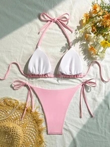SHEIN Swim Curve 2 件大码女士粉色珍珠装饰比基尼套装，夏季海滩度假