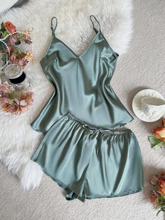 Summer Elegant Solid Color Camisole & Shorts Pajama Set Satin Pajama Set Sage Green Pajama Set Two Pieces Satin Sleepwear Set Women Satin Sleepwear Satin Pj Set Two Pieces Satin Pajama Set Women Satin Pajama Shorts Set