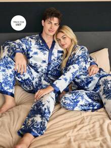 SHEIN 缎面口袋长袖上衣和长裤男士睡衣套装舒适优雅细节，秋季服装 - 藍白色 - 查看 7