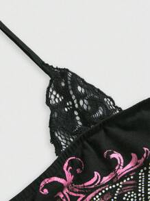 ROMWE J-Fashion Spring/Summer Women's Y2K Punk Skeleton Print 2 In 1 Contrast Lace Sleeveless Bodycon Tank Top, Suitable For Music Festival - Red and Black - View 3