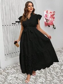 SHEIN Clasi Váy thêu rỗng màu trơn cỡ lớn thường ngày - màu đen - Xem 4