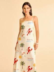 CAJUNI 女士海洋元素印花度假连衣裙，细肩带开叉腰露背设计，适合夏季度假