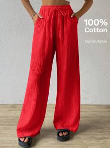 SHEIN EZwear 红色夏季纯色纹理褶皱面料宽松抽绳腰带纯棉休闲度假阔腿裤，大码，假日 - 紅色 - 查看 5