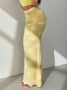 SHEIN PETITE Falda amarilla casual de punto con textura floral para mujer - Amarillo - Ver 2