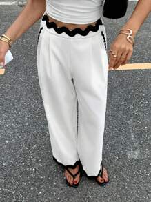 Siren Gaze 秋季女装高腰阔腿裤，女士撞色休闲西装裤，老款黑白扇贝边斜插袋长裤，适合商务、工作、日常、通勤、教师、郊游，2025年秋季新款时尚必备 - 白色 - 查看 3
