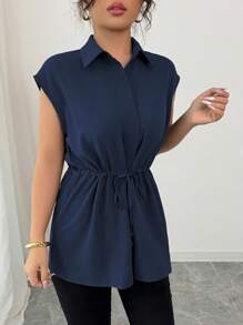 Elenzga Women's Casual Vacation Style Shirt Collar Button Down Cinched Waist A-Line Loose Blouse Top - Navy Blue - View 7