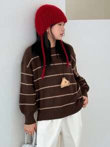 DAZY Tween Girls Crew Neck Striped Long Sleeve Sweater, Fall - Coffee Brown - View 3