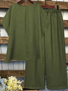 Linhara 2pcs/Set Casual Loose Fit Short Sleeve Top And Wide Leg Pants Outfit - Army Green - View 2