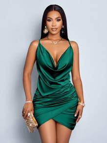 SOLERSUN Elegant Solid Color Draped Collar Backless Ruched Satin Party Bodycon Short Dress - Dark Green - View 6
